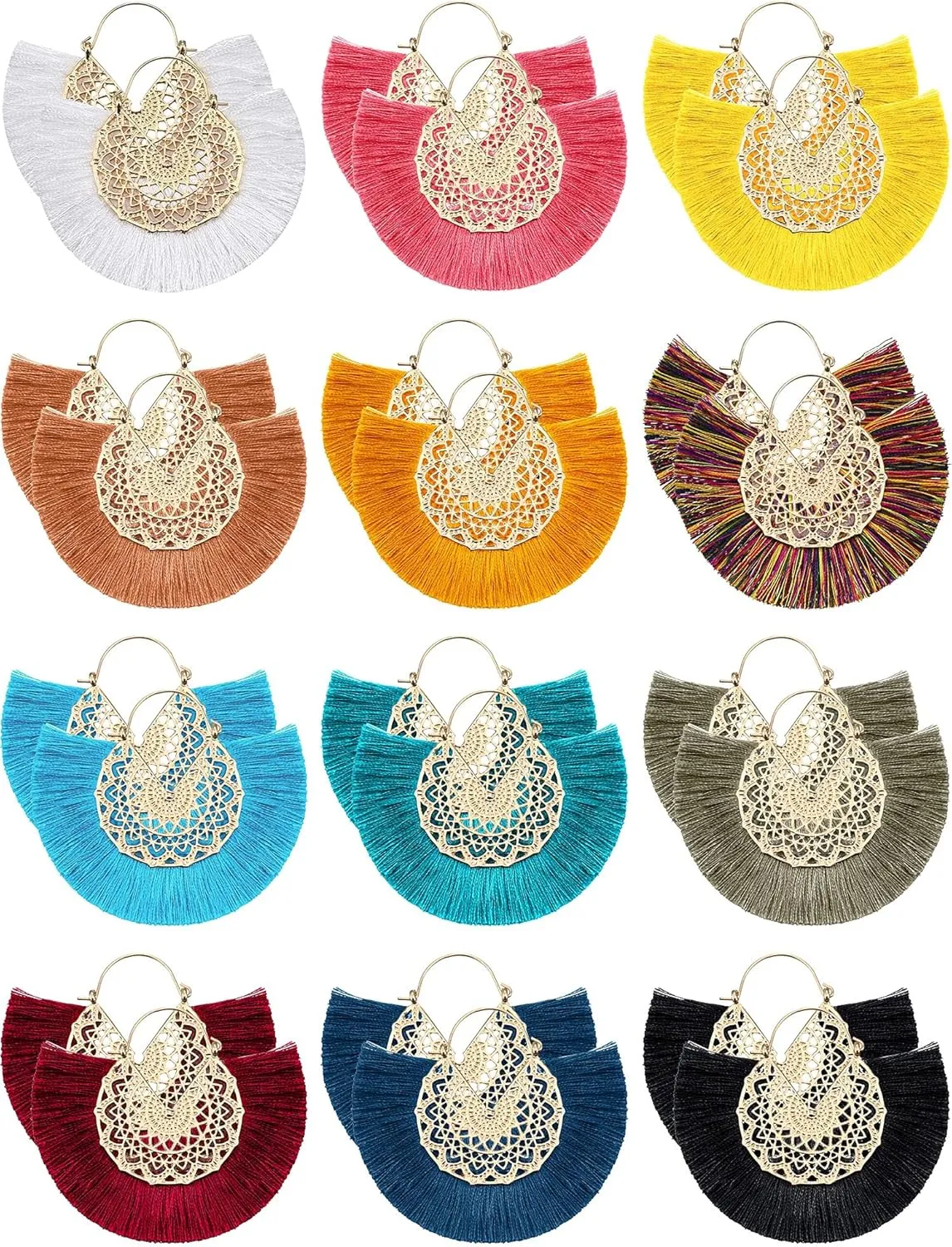 12 Pairs Statement Tassel Earrings Hoop Tassel Earrings Bohemian Geometric Handmade Earrings for Women
