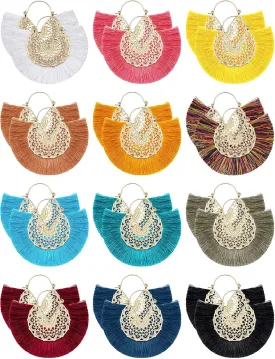 12 Pairs Statement Tassel Earrings Hoop Tassel Earrings Bohemian Geometric Handmade Earrings for Women