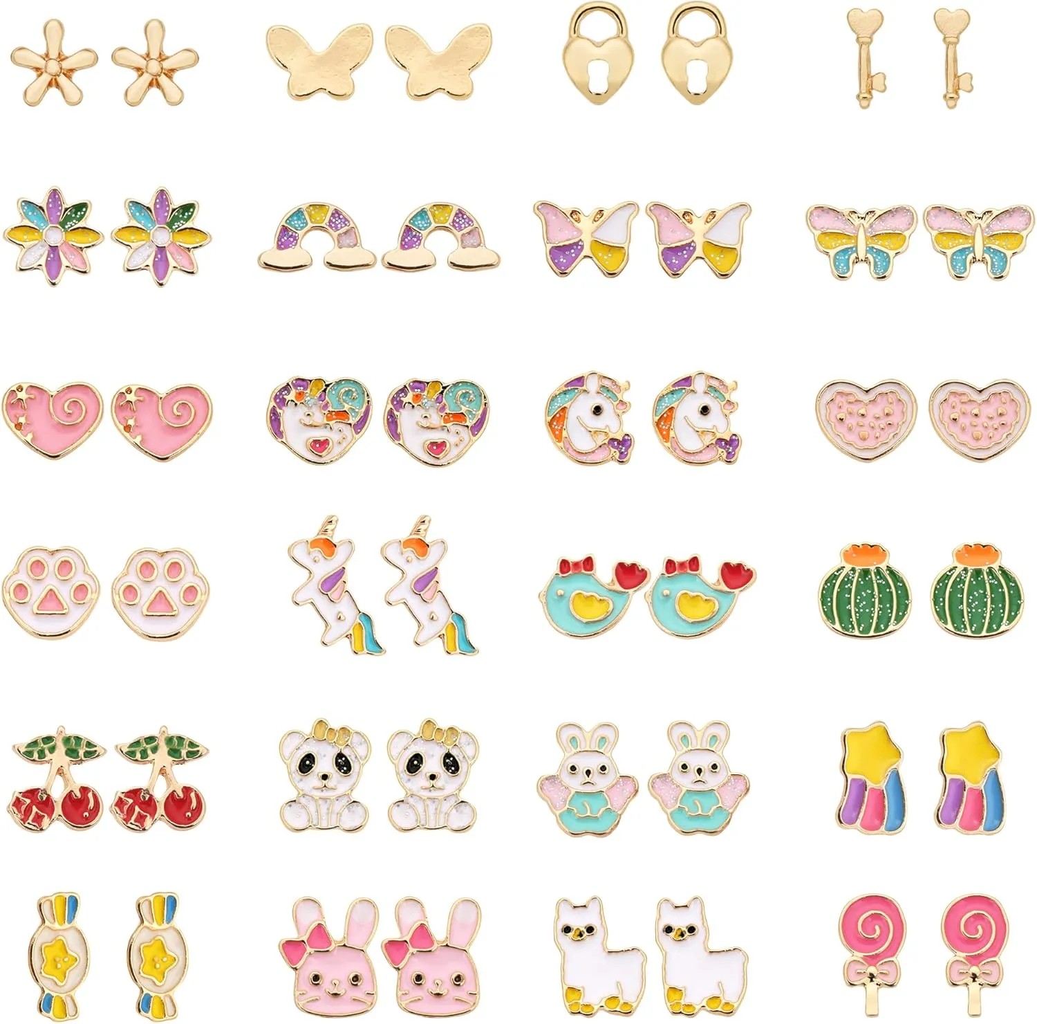24 Pairs Hypoallergenic Stud Earrings Set for Girls Sensitive Ears With Stainless Steel Post Colorful Cute Earrings for Girls Women