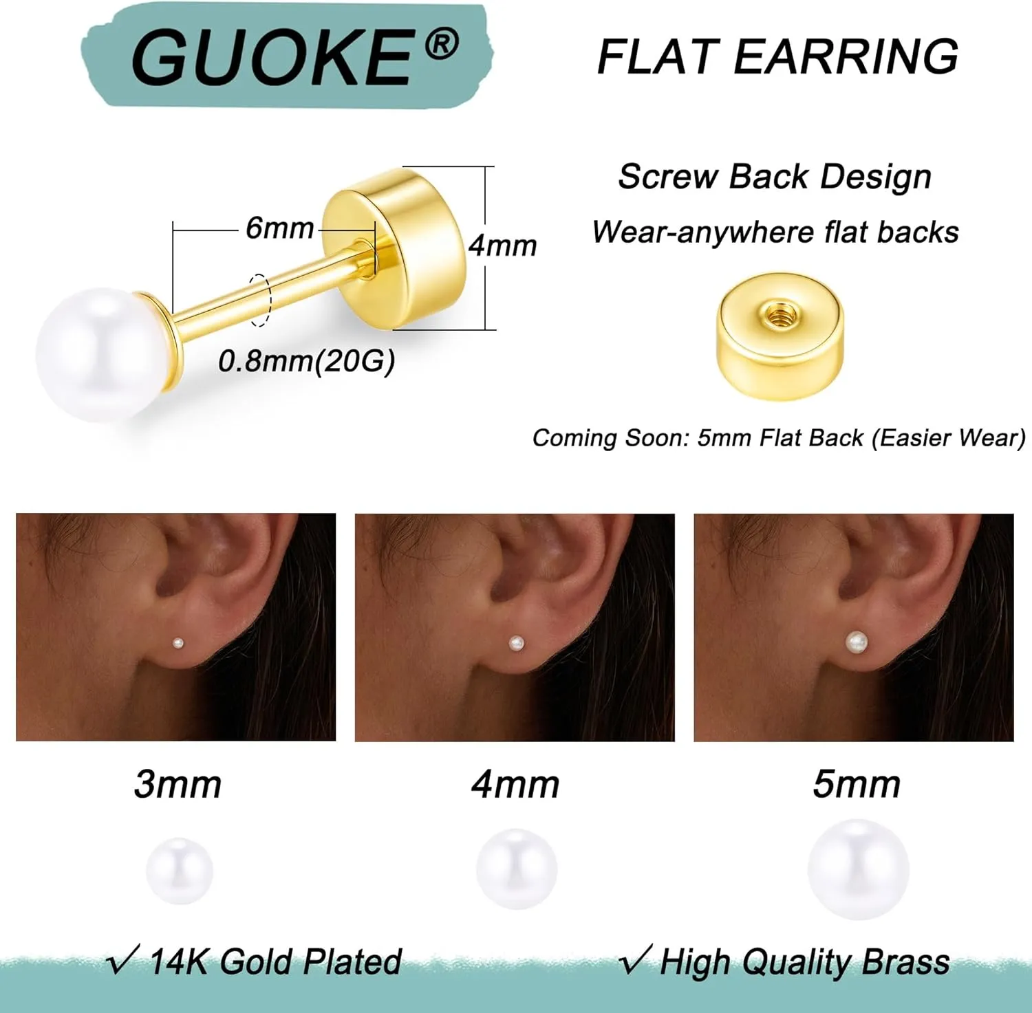 3 Pair Tiny Flat Back Stud Earrings for Women - 14K Gold Hypoallergenic Cute Small Screw Flatback Earring Set, Everyday Wear