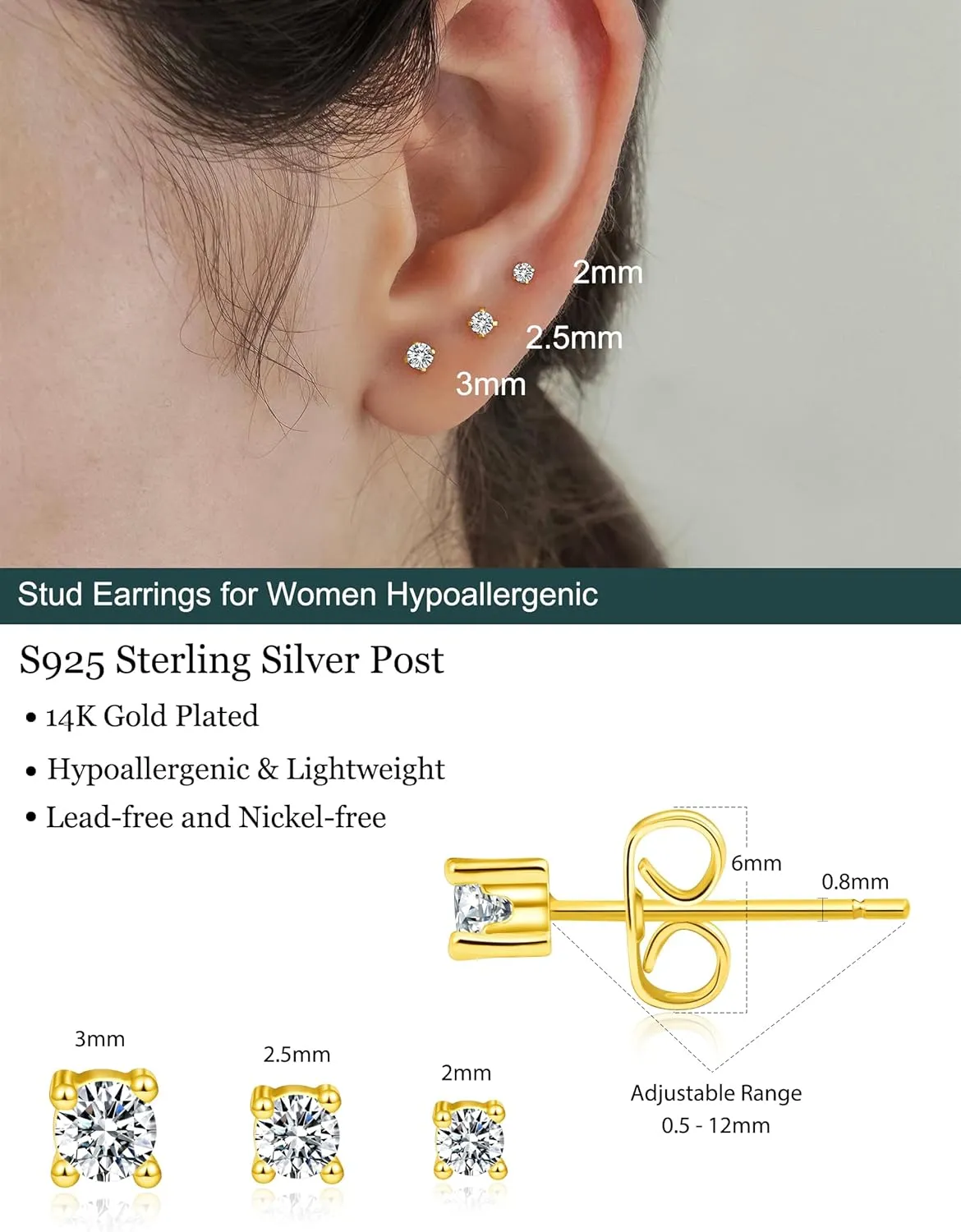 3 Pairs 14k Gold Stud Earrings for Women Hypoallergenic 925 Sterling Silver Post Dainty Silver Cartilage Tragus Earrings Stacks Set Trendy Small Diamond Heart Multiple Piercing Jewelry for Men