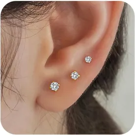 3 Pairs 14k Gold Stud Earrings for Women Hypoallergenic 925 Sterling Silver Post Dainty Silver Cartilage Tragus Earrings Stacks Set Trendy Small Diamond Heart Multiple Piercing Jewelry for Men