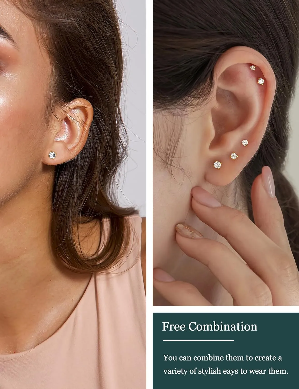 3 Pairs 14k Gold Stud Earrings for Women Hypoallergenic 925 Sterling Silver Post Dainty Silver Cartilage Tragus Earrings Stacks Set Trendy Small Diamond Heart Multiple Piercing Jewelry for Men