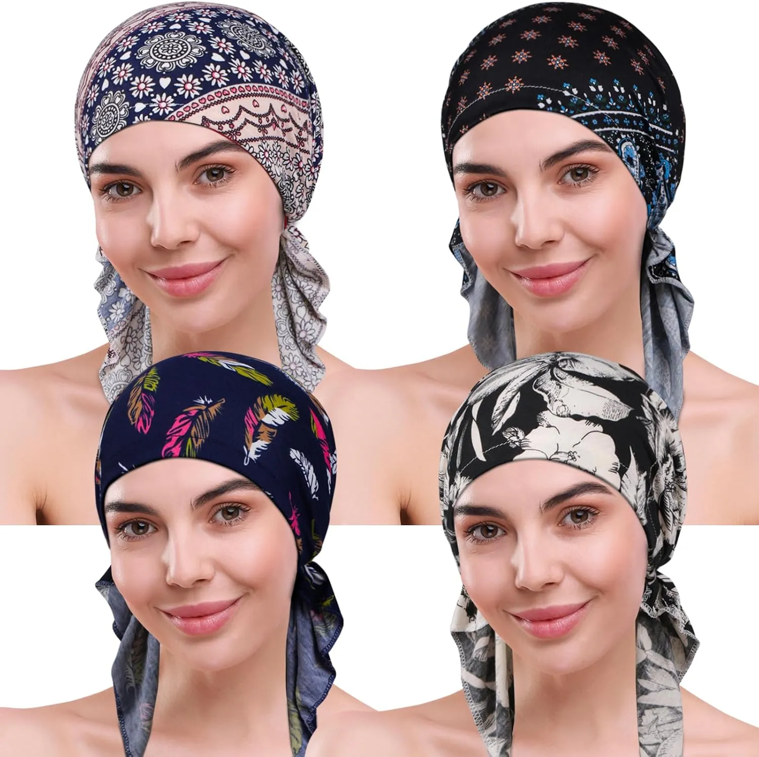 4 Pieces Chemo Headwear for Women, Pre-Tied Head Scarf Cancer Headwear for Hair Loss