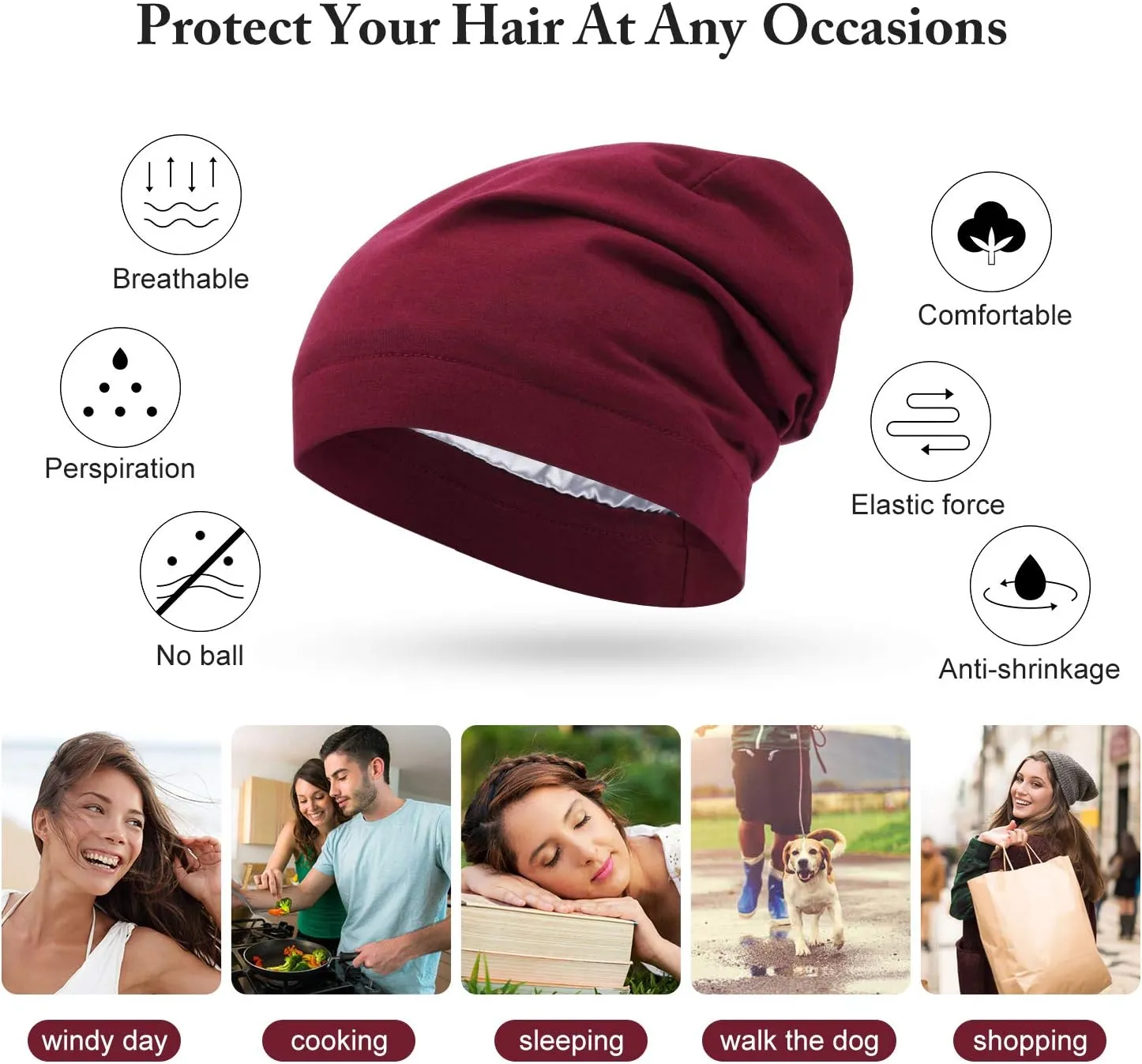 4 Pieces Satin Lined Sleep Cap Slouchy Beanie Hat Night Hair Cap for Women