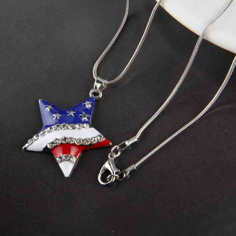 4th of July Earrings for Women-Patriotic Red White Blue American USA Flag Star Pendant Necklace-Independence Day- Veterans' Day