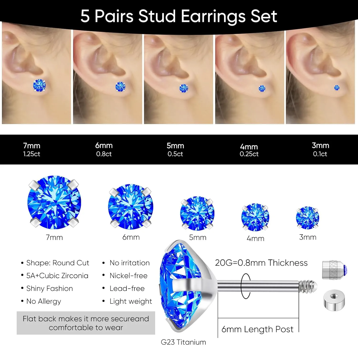 5 Pairs Flat Back Stud Earrings for Women, Trendy Cartilage Earring, Hypoallergenic Titanium Earrings Set, Cubic Zirconia Flatback Ear Rings Non Tarnish ((3mm~7mm) x1, Blue Gem(Steel Color))