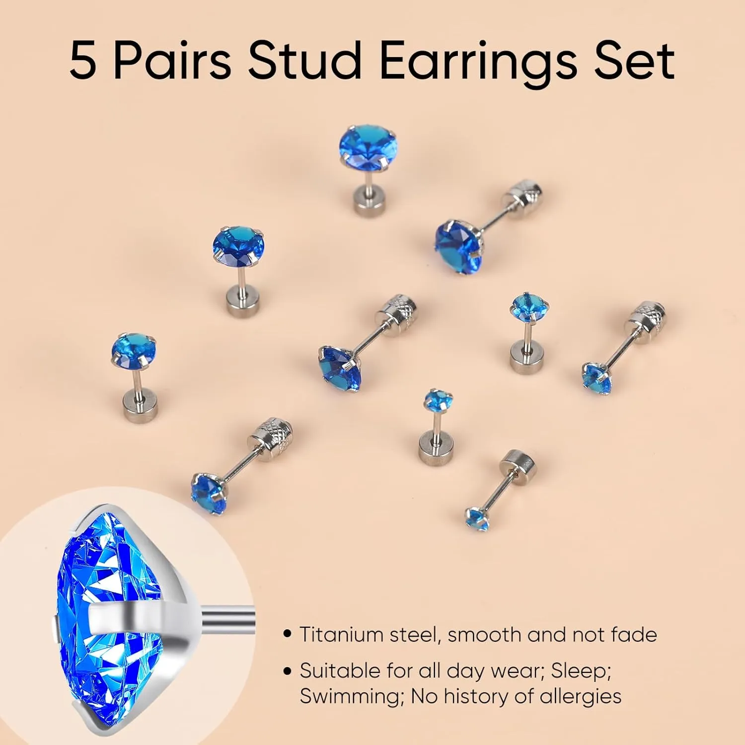 5 Pairs Flat Back Stud Earrings for Women, Trendy Cartilage Earring, Hypoallergenic Titanium Earrings Set, Cubic Zirconia Flatback Ear Rings Non Tarnish ((3mm~7mm) x1, Blue Gem(Steel Color))