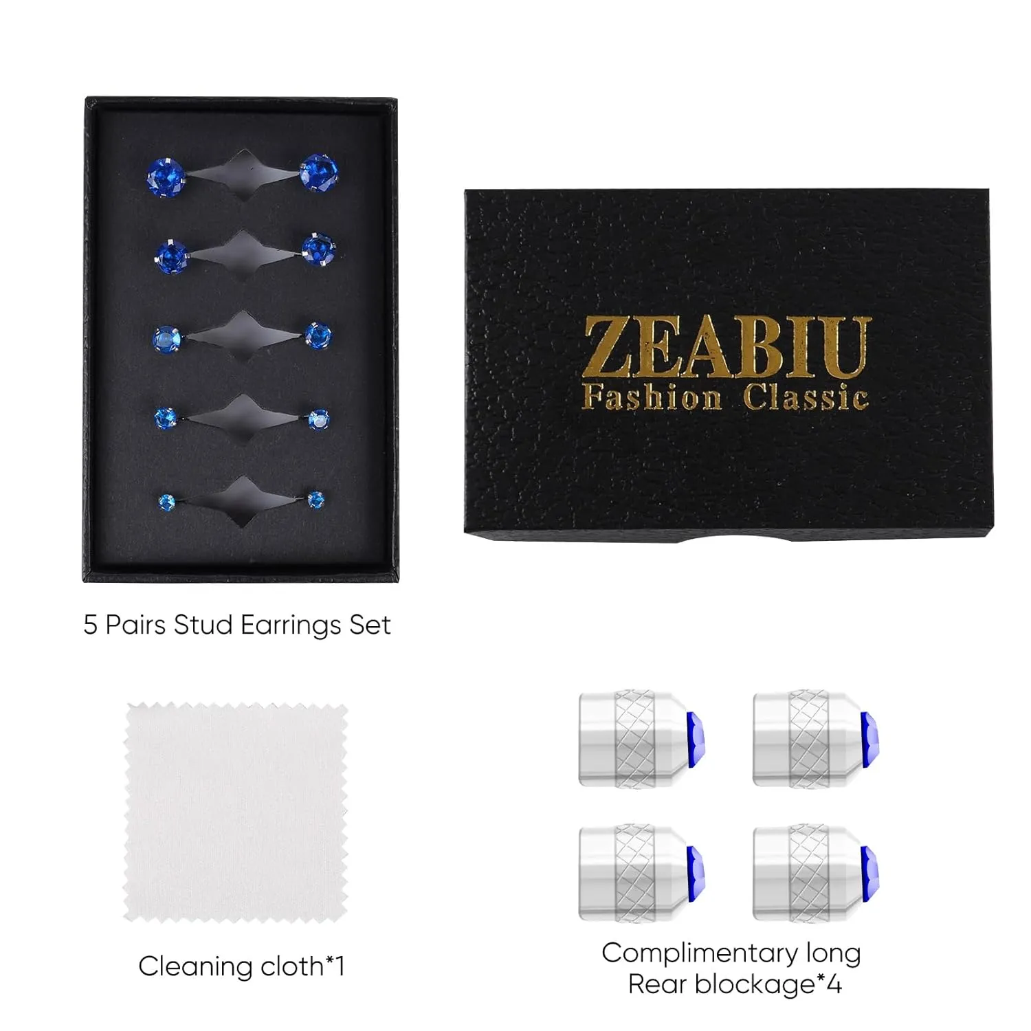 5 Pairs Flat Back Stud Earrings for Women, Trendy Cartilage Earring, Hypoallergenic Titanium Earrings Set, Cubic Zirconia Flatback Ear Rings Non Tarnish ((3mm~7mm) x1, Blue Gem(Steel Color))