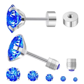 5 Pairs Flat Back Stud Earrings for Women, Trendy Cartilage Earring, Hypoallergenic Titanium Earrings Set, Cubic Zirconia Flatback Ear Rings Non Tarnish ((3mm~7mm) x1, Blue Gem(Steel Color))