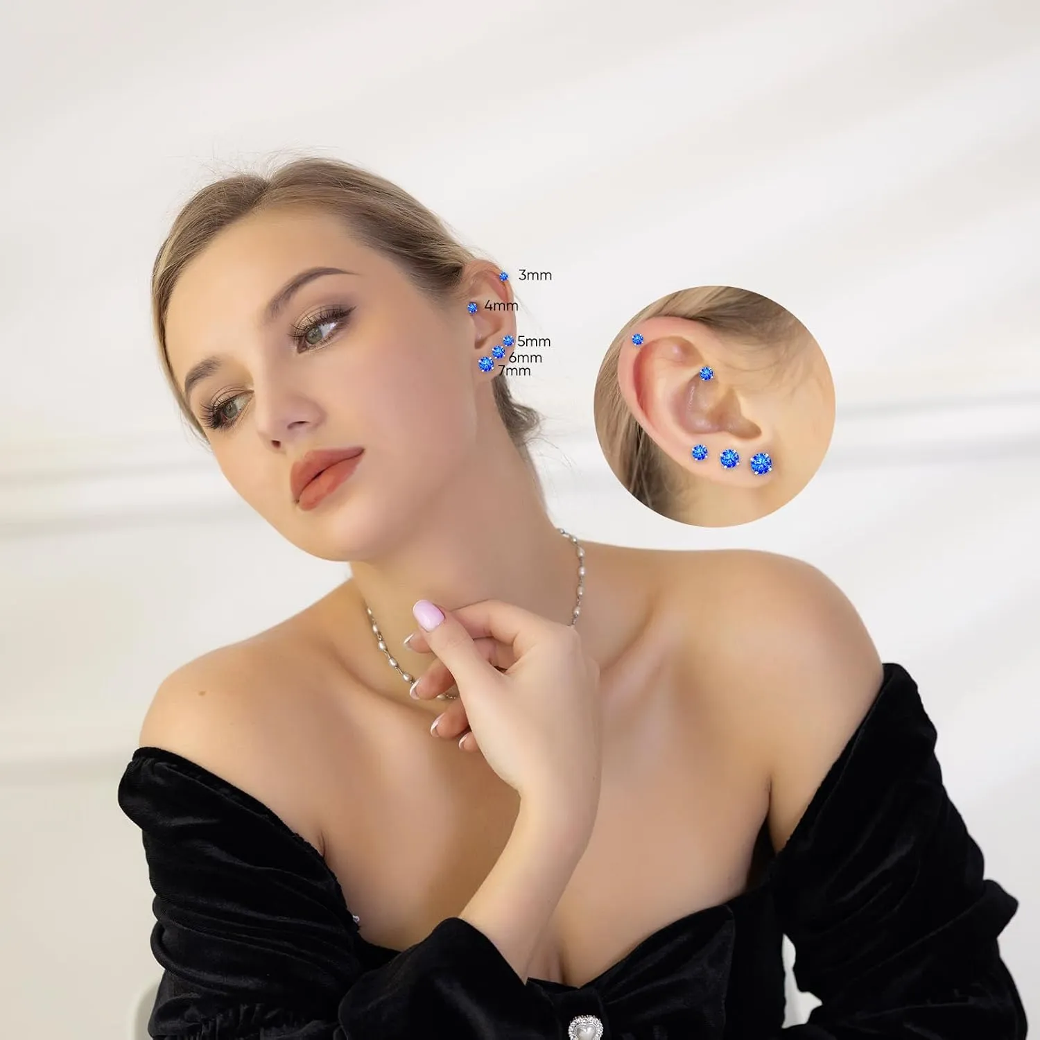 5 Pairs Flat Back Stud Earrings for Women, Trendy Cartilage Earring, Hypoallergenic Titanium Earrings Set, Cubic Zirconia Flatback Ear Rings Non Tarnish ((3mm~7mm) x1, Blue Gem(Steel Color))