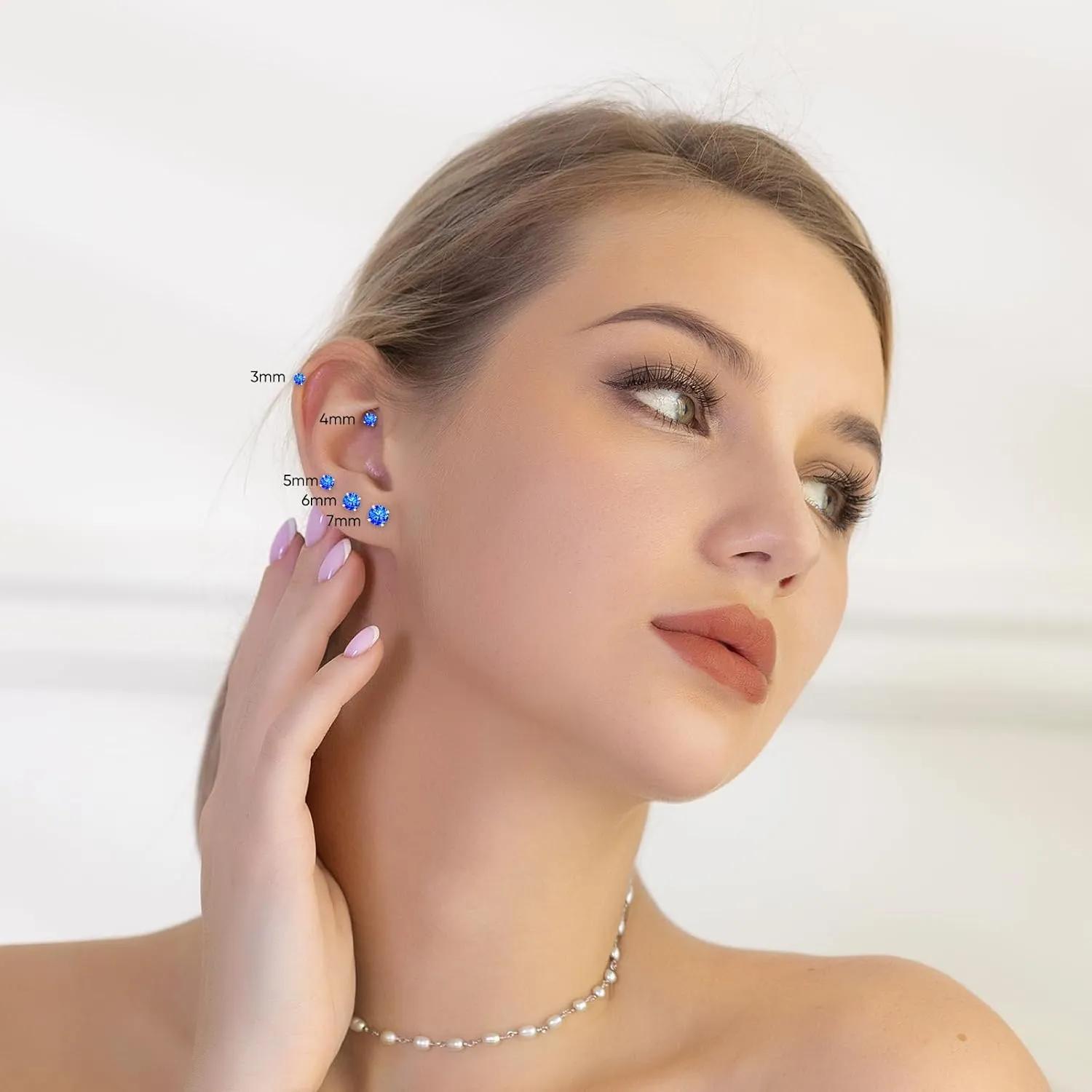 5 Pairs Flat Back Stud Earrings for Women, Trendy Cartilage Earring, Hypoallergenic Titanium Earrings Set, Cubic Zirconia Flatback Ear Rings Non Tarnish ((3mm~7mm) x1, Blue Gem(Steel Color))