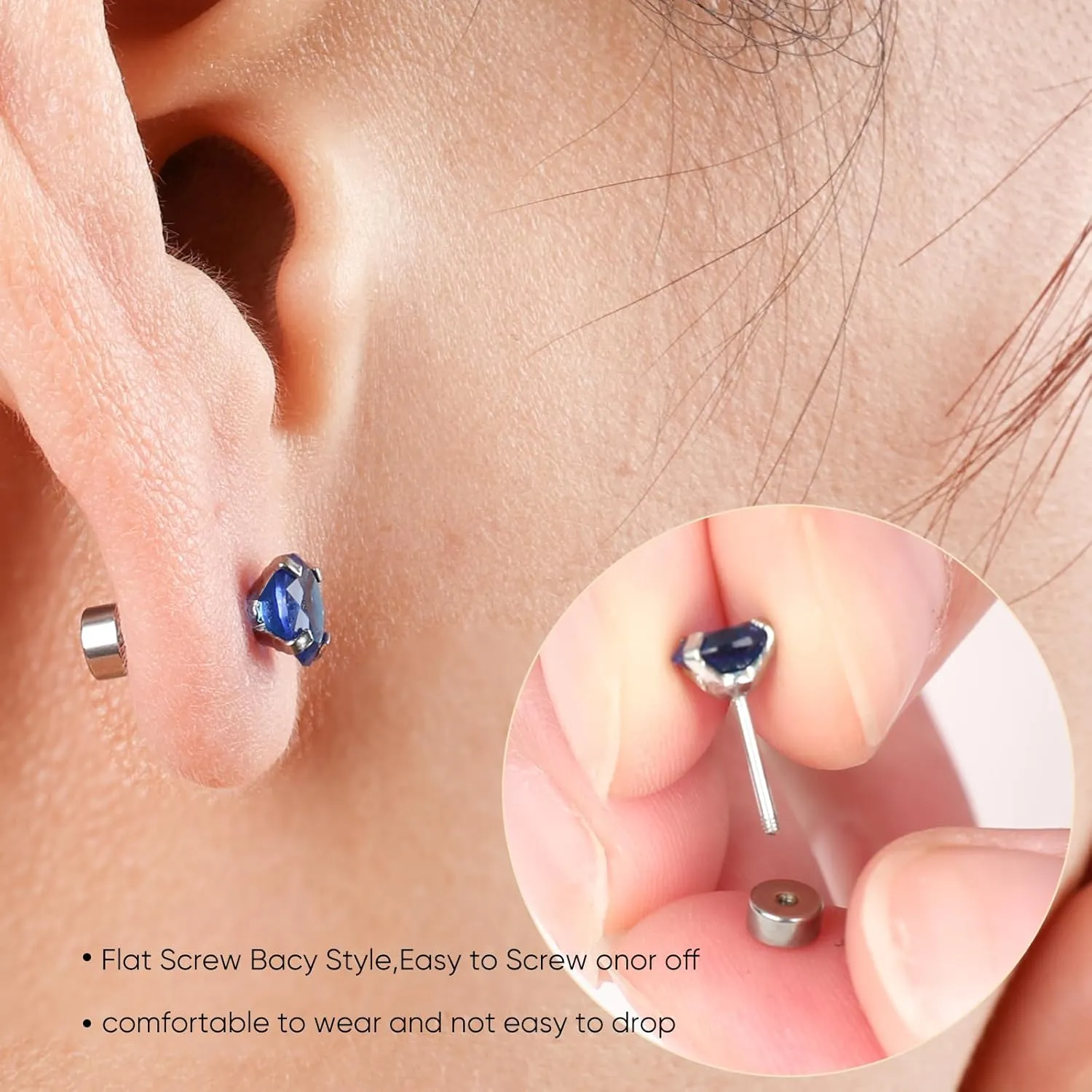5 Pairs Flat Back Stud Earrings for Women, Trendy Cartilage Earring, Hypoallergenic Titanium Earrings Set, Cubic Zirconia Flatback Ear Rings Non Tarnish ((3mm~7mm) x1, Blue Gem(Steel Color))