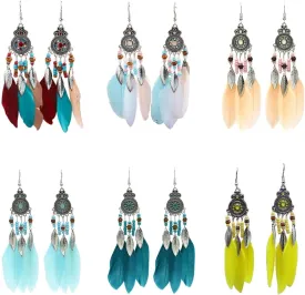 6 Pairs Bohemian Vintage Ethnic Style Drop Earings, Faux Feather Tassel Rhinestone Long Drop Dangle Earings for Women
