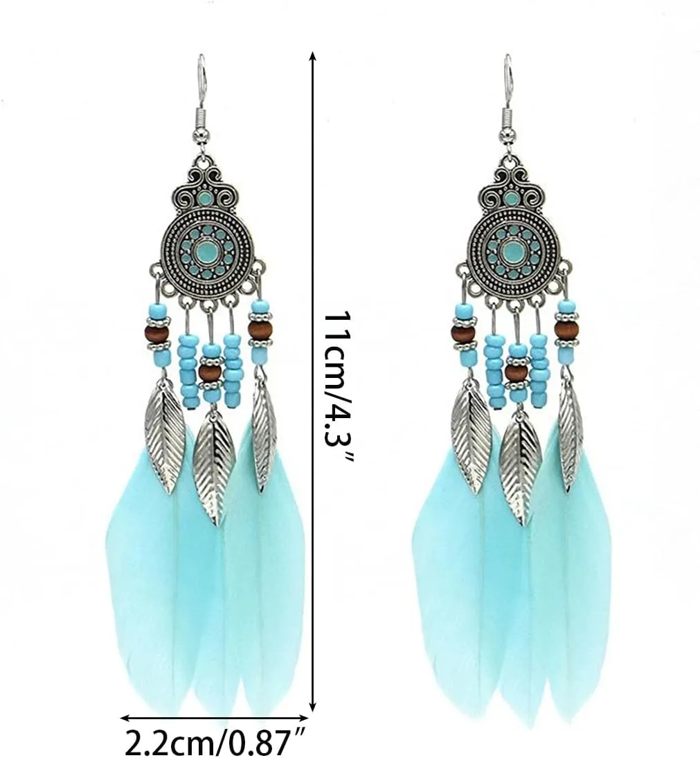 6 Pairs Bohemian Vintage Ethnic Style Drop Earings, Faux Feather Tassel Rhinestone Long Drop Dangle Earings for Women
