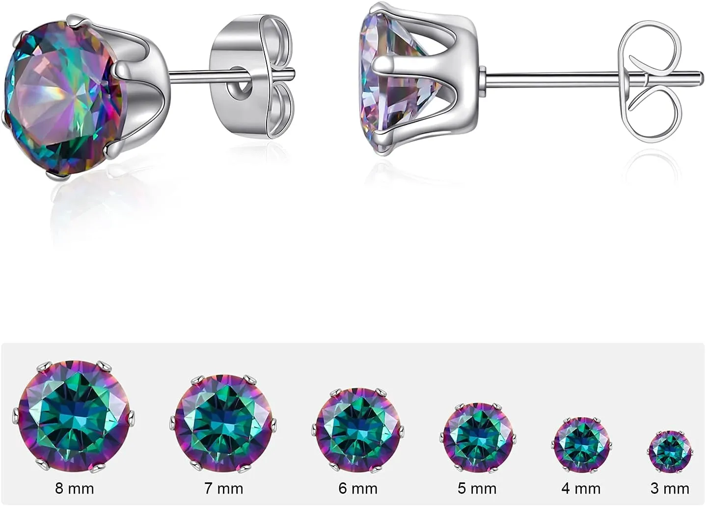 6 Pairs Stud Earrings Set,Clear Cubic Zirconia 316L Stainless Steel Earrings for Women Men 3-8mm