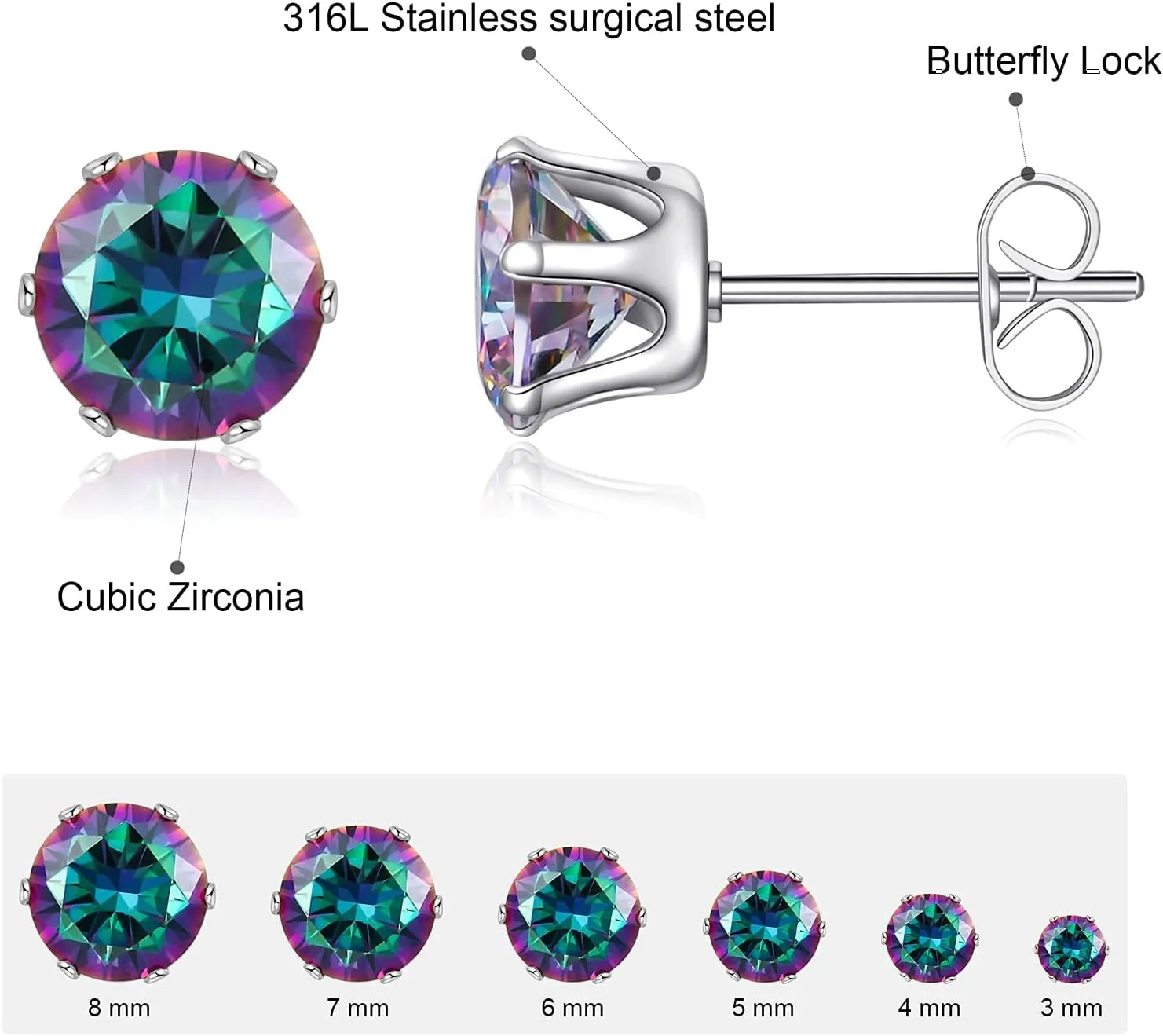6 Pairs Stud Earrings Set,Clear Cubic Zirconia 316L Stainless Steel Earrings for Women Men 3-8mm
