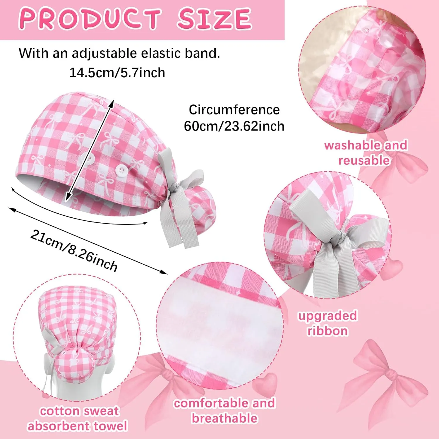 6 Pcs Scrub Caps for Women Doctor Nursing Hats with Buttons Adjustable Tie Back Working Cap Bouffant Scrub Hats for Women Men
