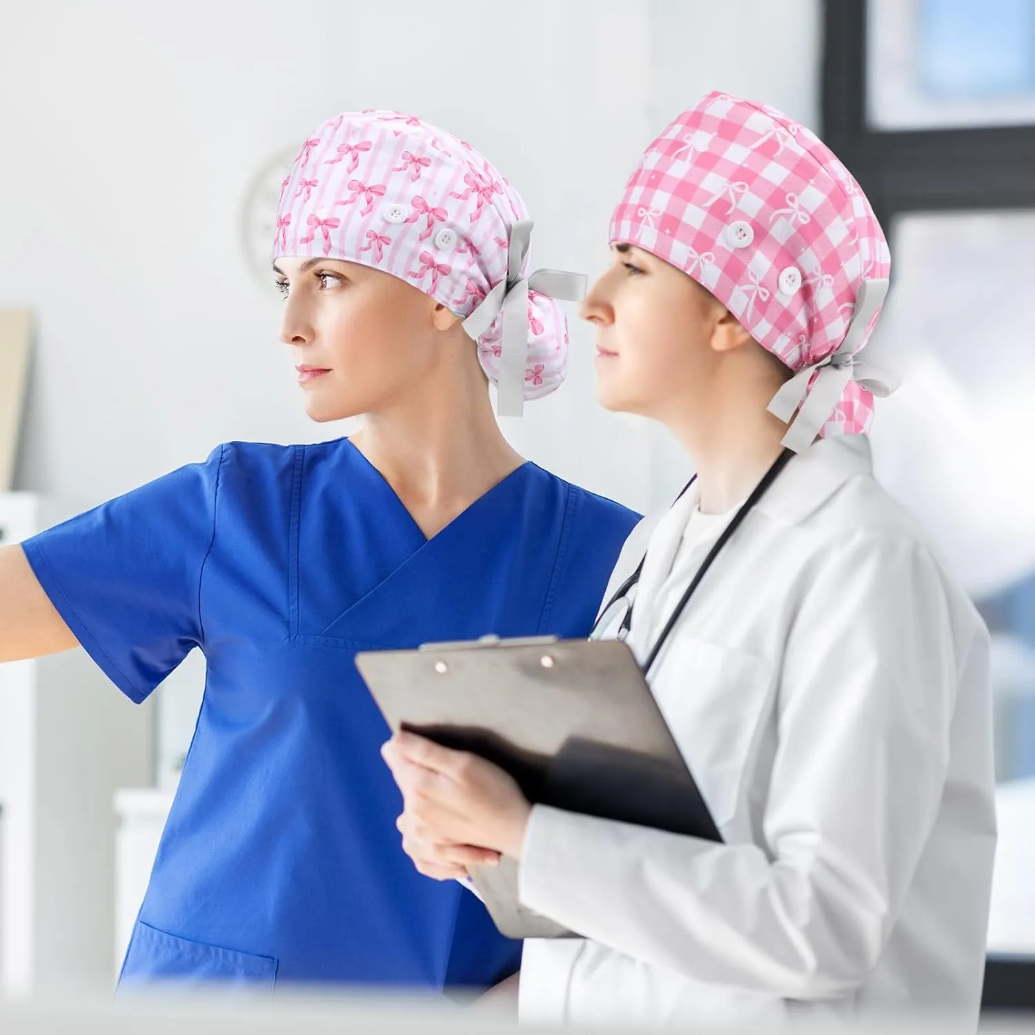 6 Pcs Scrub Caps for Women Doctor Nursing Hats with Buttons Adjustable Tie Back Working Cap Bouffant Scrub Hats for Women Men