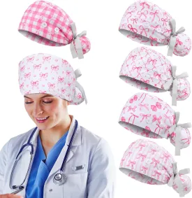 6 Pcs Scrub Caps for Women Doctor Nursing Hats with Buttons Adjustable Tie Back Working Cap Bouffant Scrub Hats for Women Men