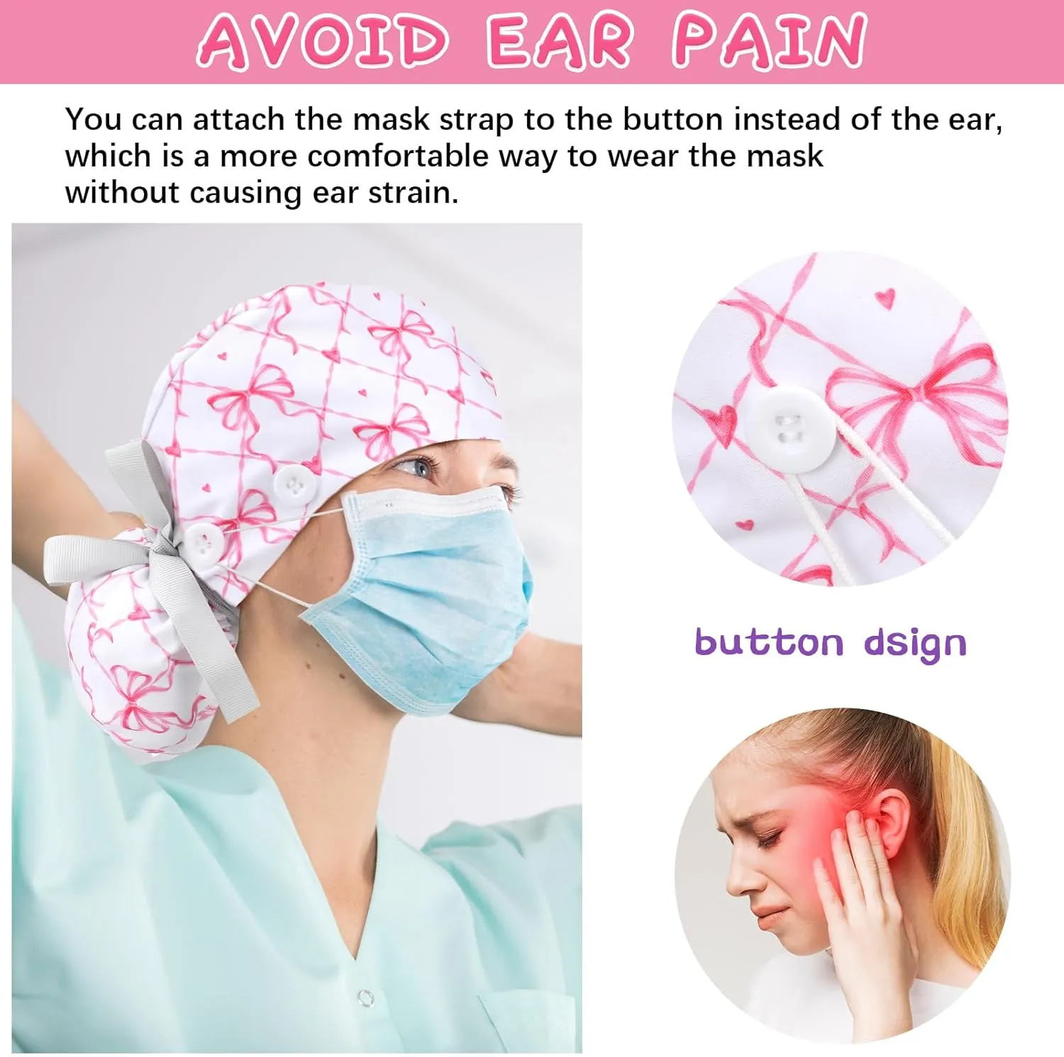 6 Pcs Scrub Caps for Women Doctor Nursing Hats with Buttons Adjustable Tie Back Working Cap Bouffant Scrub Hats for Women Men