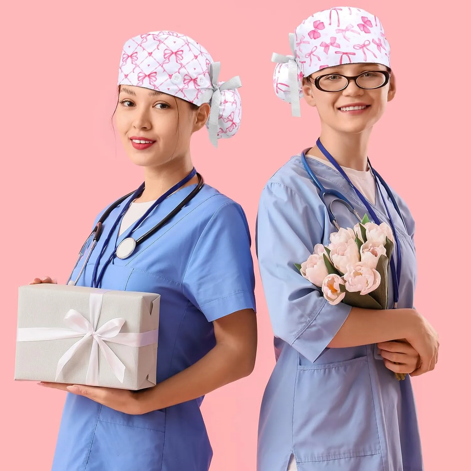 6 Pcs Scrub Caps for Women Doctor Nursing Hats with Buttons Adjustable Tie Back Working Cap Bouffant Scrub Hats for Women Men