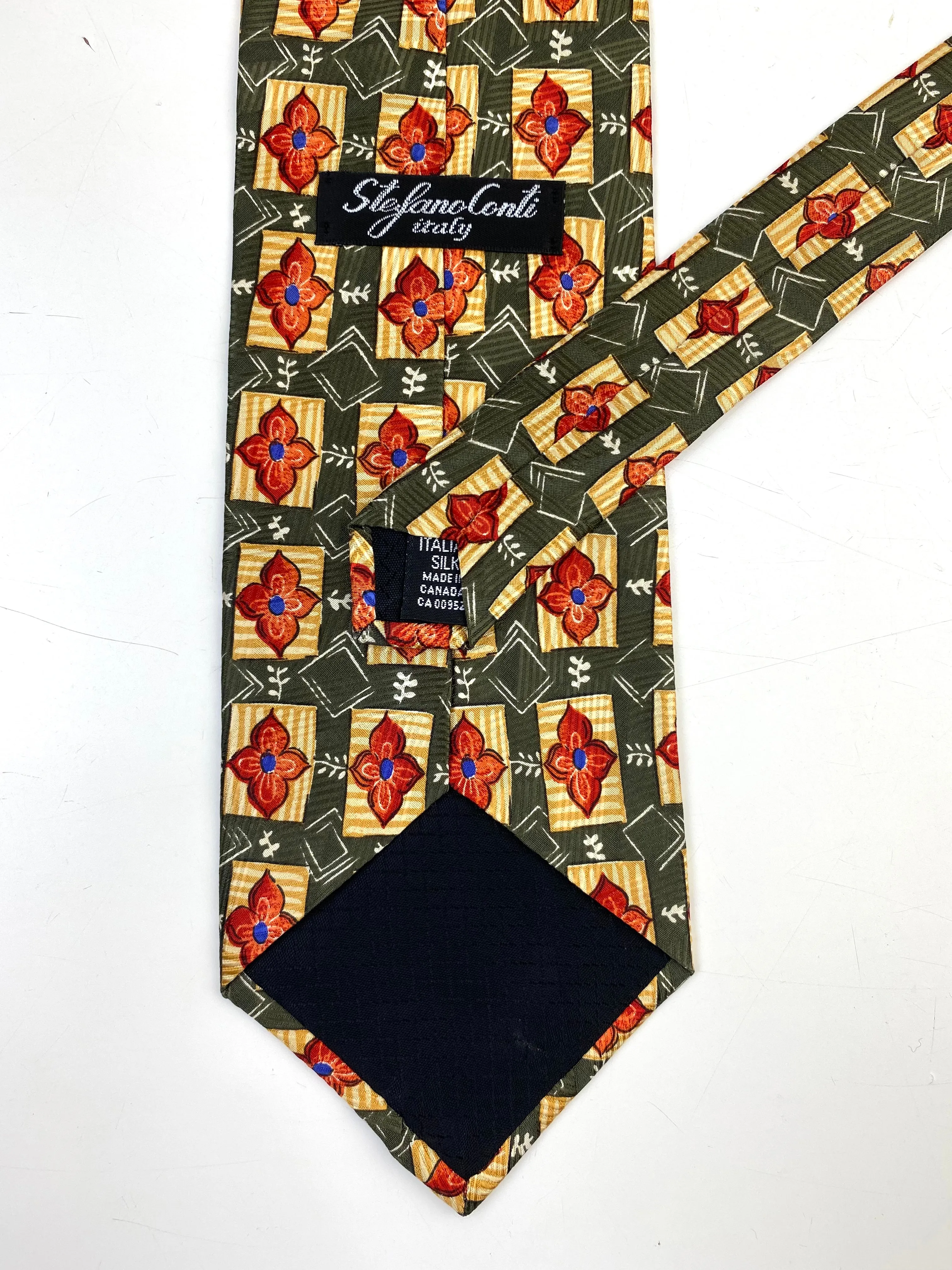90s Deadstock Silk Necktie, Men's Vintage Green/ Gold/ Red Floral Foulard Pattern Tie, NOS