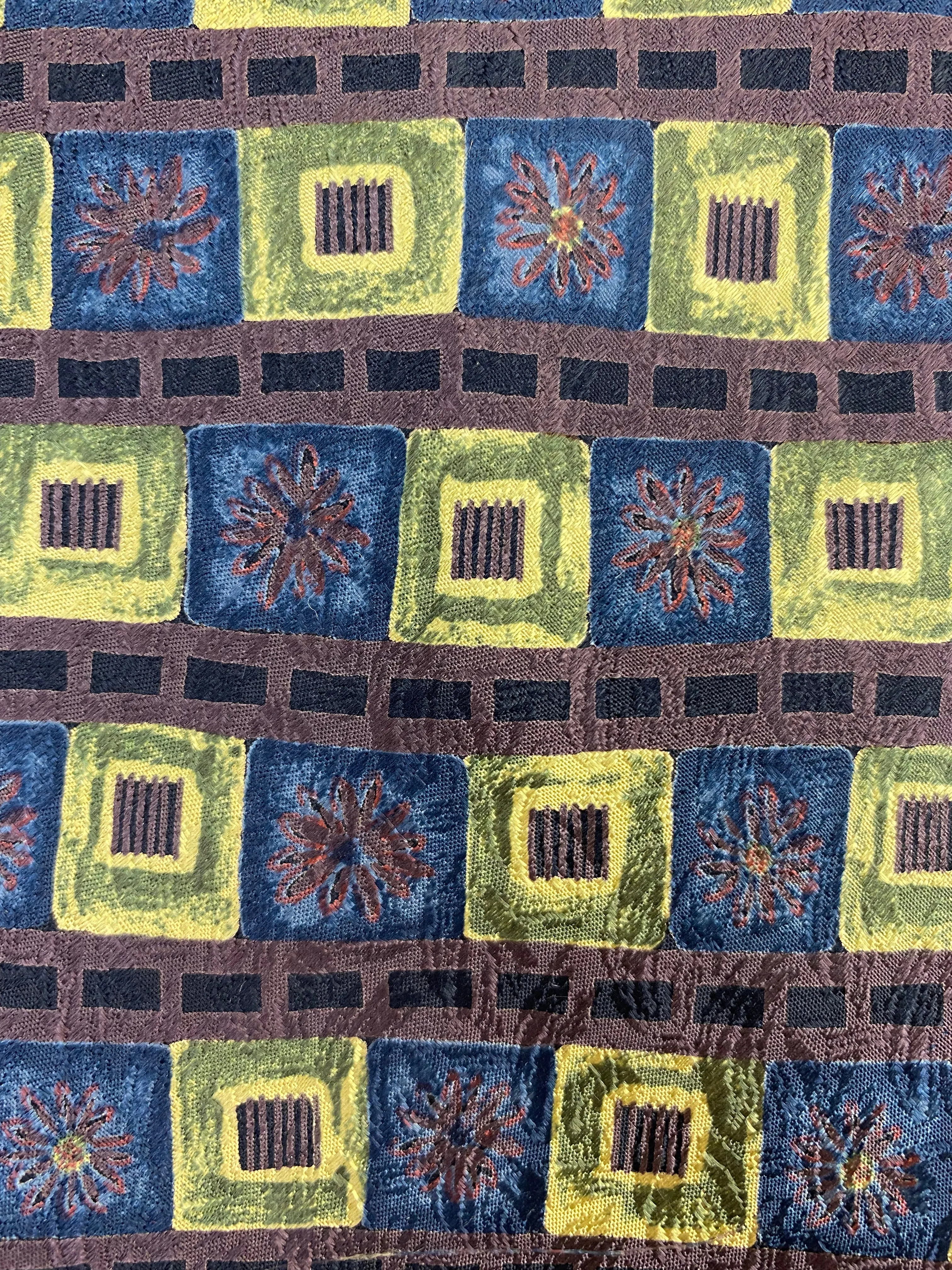 90s Deadstock Silk Necktie, Vintage Gold/ Blue Geometric Floral Pattern Tie, NOS
