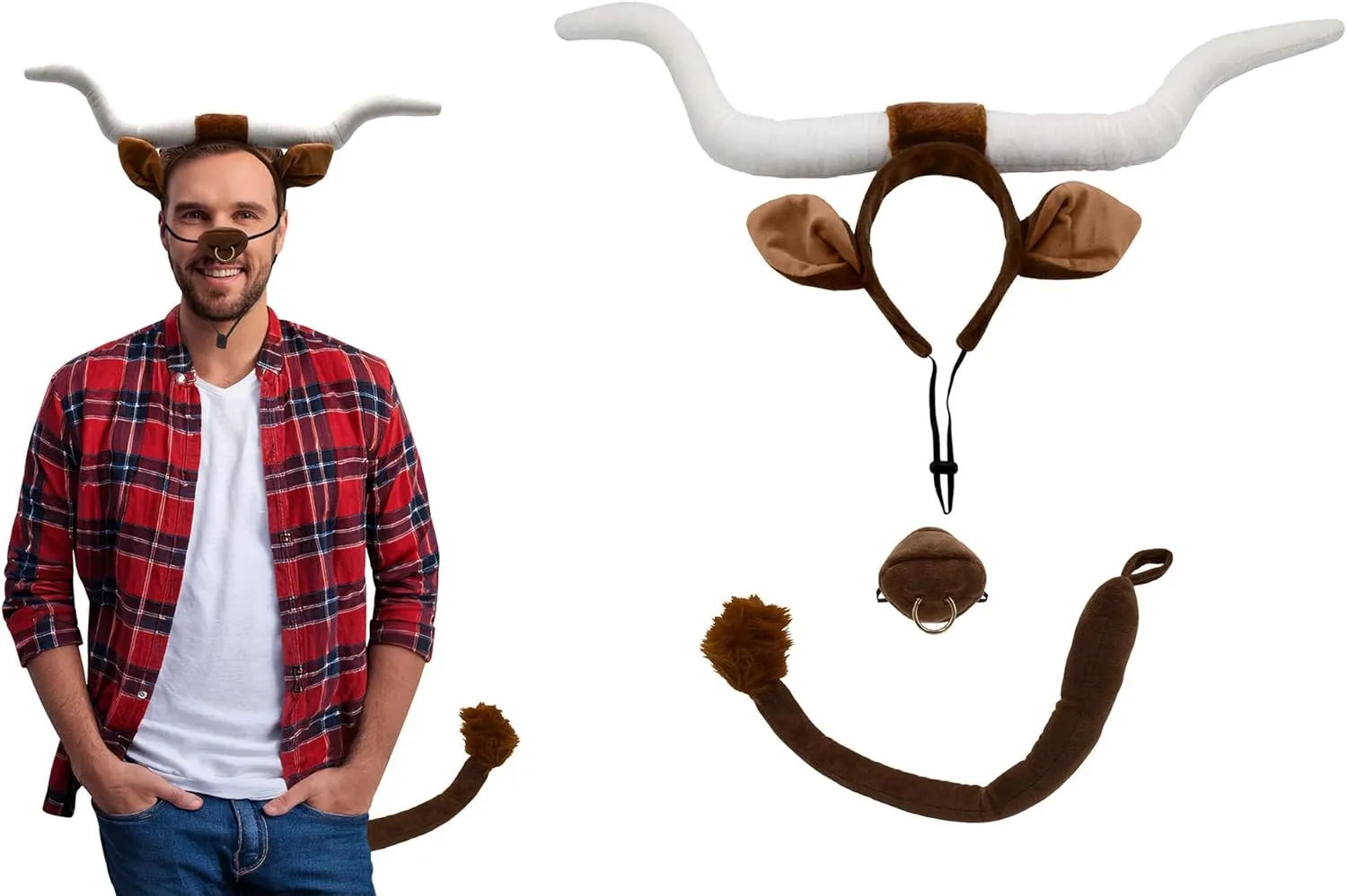 Adult Texas Longhorn Bull Steer Costume Set Plush Cow Horn Headband Ears Nose with Ring and Tail Fun Animal Cosplay Accessories for Halloween Dress-Up Parties Plays Unisex for Adults Brown/White