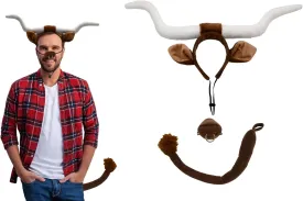 Adult Texas Longhorn Bull Steer Costume Set Plush Cow Horn Headband Ears Nose with Ring and Tail Fun Animal Cosplay Accessories for Halloween Dress-Up Parties Plays Unisex for Adults Brown/White