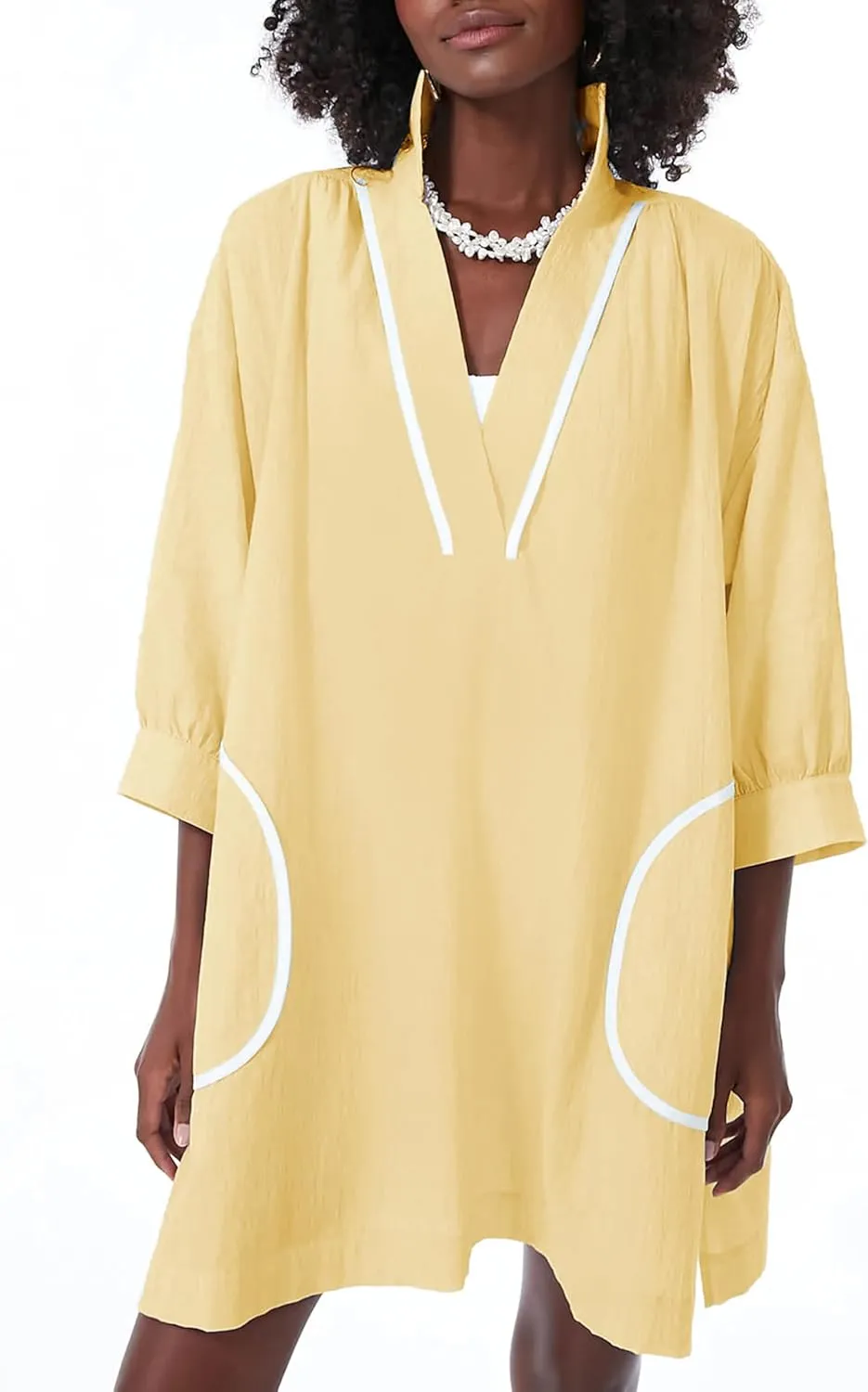 Ailoqing Swimsuit Coverup Womens V Neck 3/4 Sleeve Casual Shirt Dress with Pockets