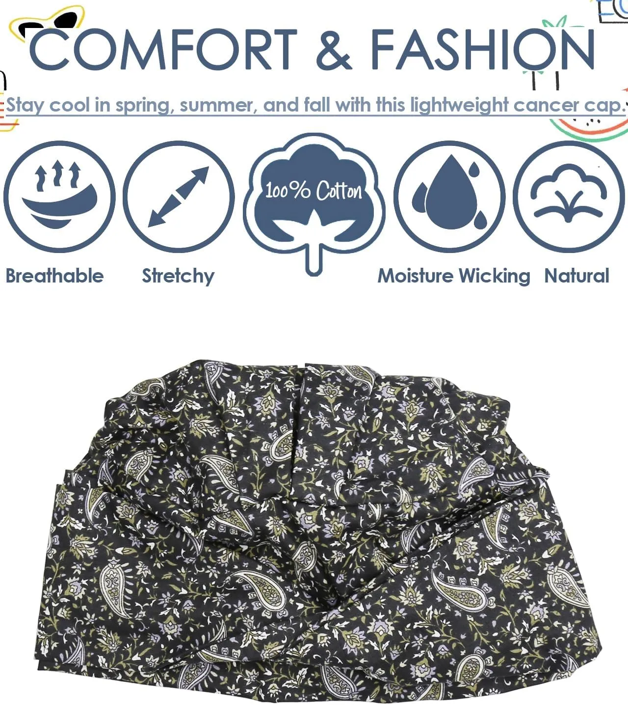 Alnorm 100% Cotton Fashion Headwear Chemo Caps with Stretchy Band for Hair Loss Women