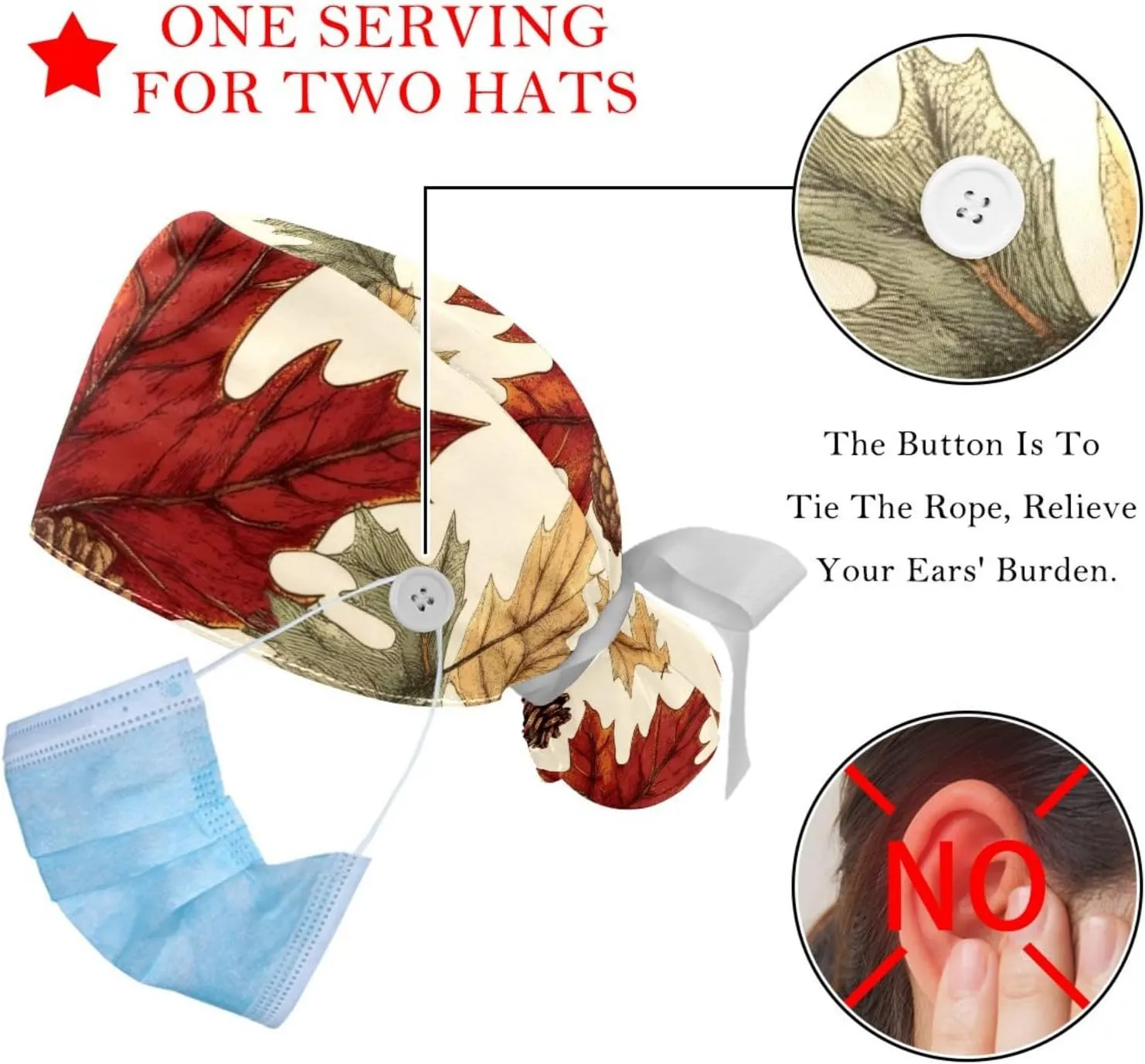 Autumn Scenery Pattern Working Cap with Button Long Hair Adjustable Working Hat Ponytail Holder 2 Pcs Tie Back Hats