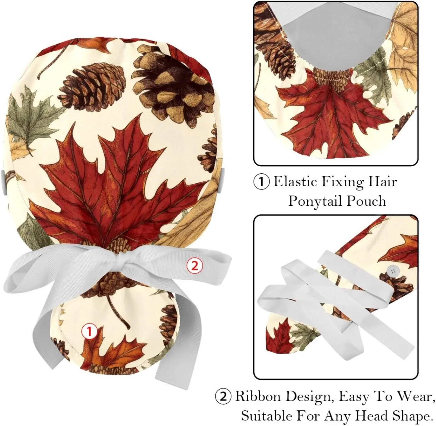 Autumn Scenery Pattern Working Cap with Button Long Hair Adjustable Working Hat Ponytail Holder 2 Pcs Tie Back Hats