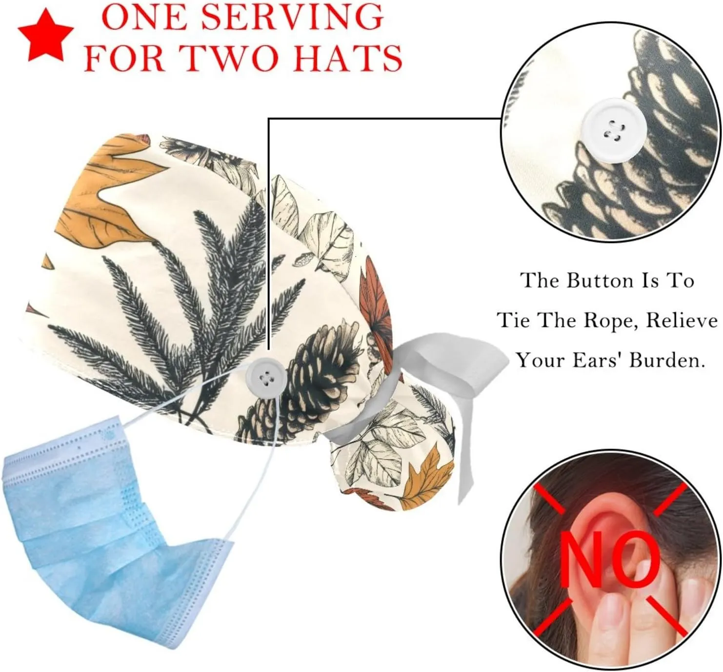 Autumn Scenery Pattern Working Cap with Button Long Hair Adjustable Working Hat Ponytail Holder 2 Pcs Tie Back Hats