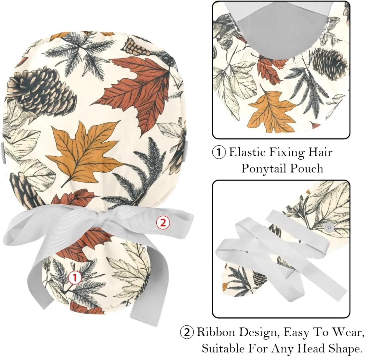 Autumn Scenery Pattern Working Cap with Button Long Hair Adjustable Working Hat Ponytail Holder 2 Pcs Tie Back Hats