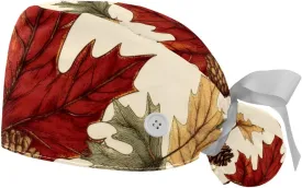 Autumn Scenery Pattern Working Cap with Button Long Hair Adjustable Working Hat Ponytail Holder 2 Pcs Tie Back Hats