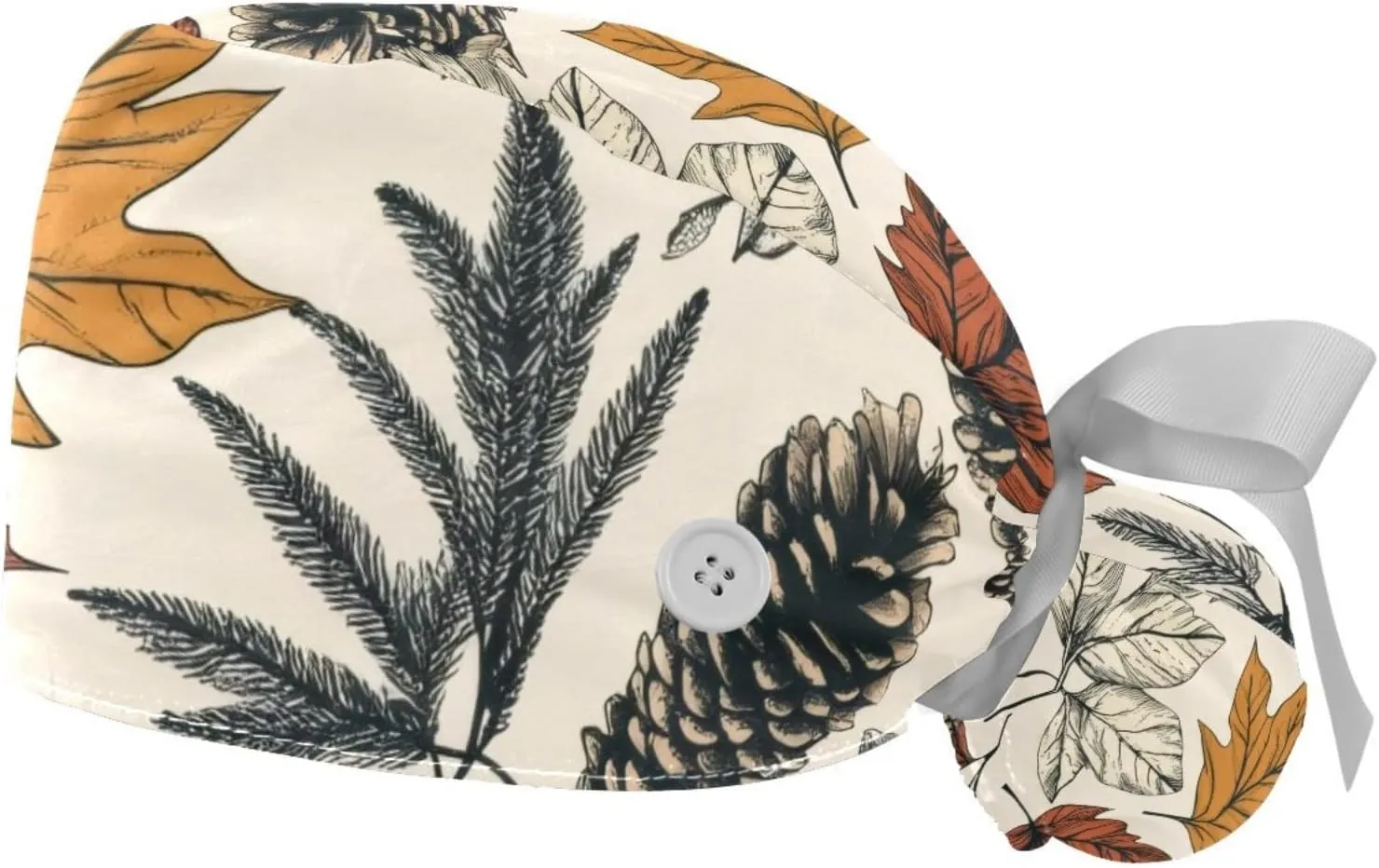 Autumn Scenery Pattern Working Cap with Button Long Hair Adjustable Working Hat Ponytail Holder 2 Pcs Tie Back Hats
