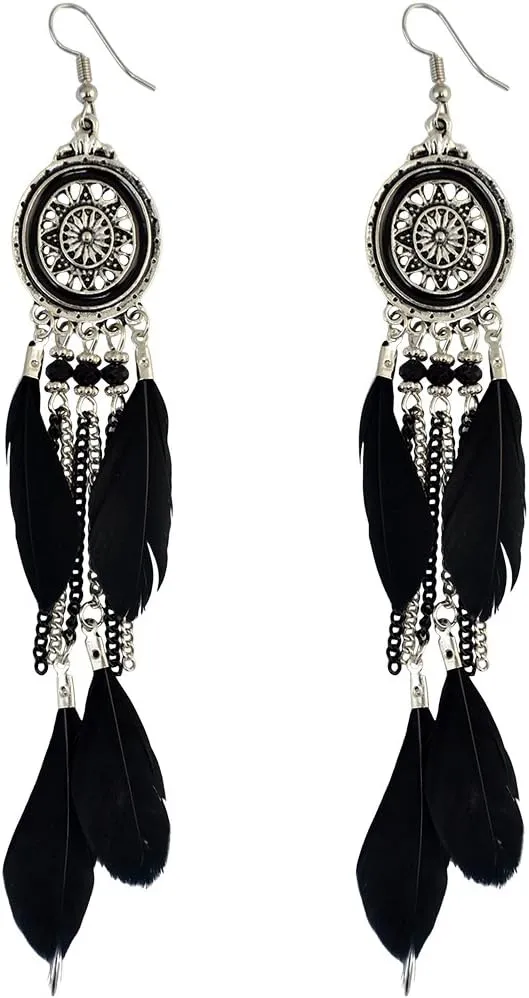 Black Feather Dangle Earrings for women Bohemian Lightweight American Indian Feather Earrings