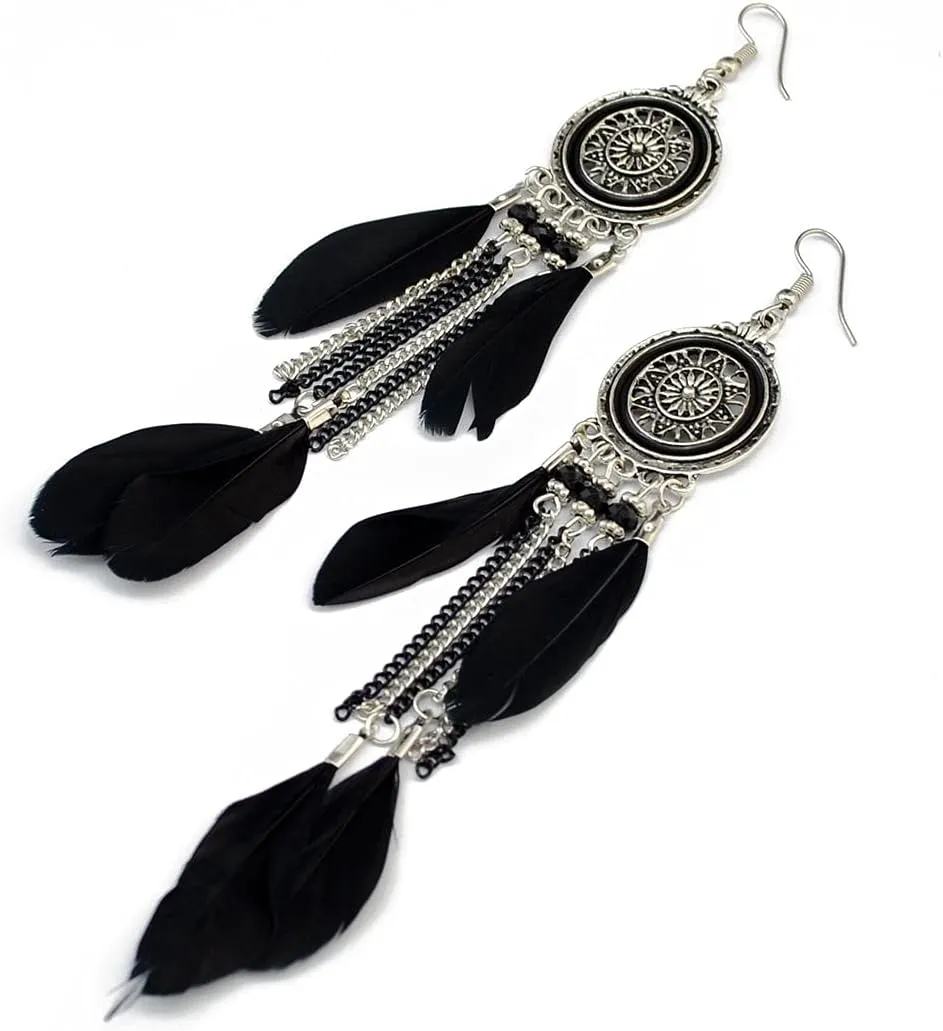 Black Feather Dangle Earrings for women Bohemian Lightweight American Indian Feather Earrings