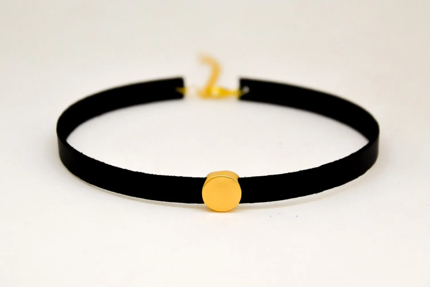 Black strap choker necklace with a gold round bead, gift for her