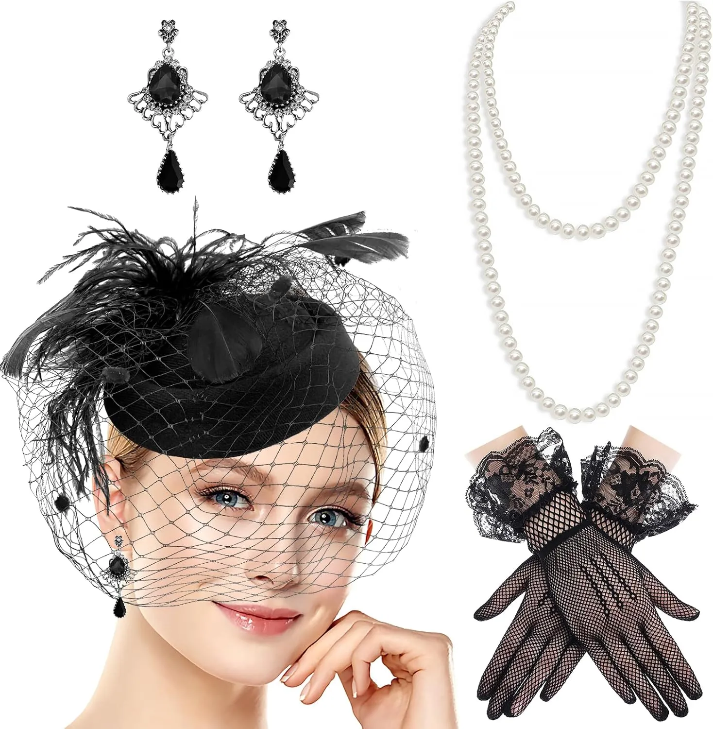 Black Vintage Feather Fascinators Hats Pillbox Hat Set 20s 50s Top Hat Lace Gloves Pearl Jewelry Set for Women Halloween Cocktail Tea Party Wedding