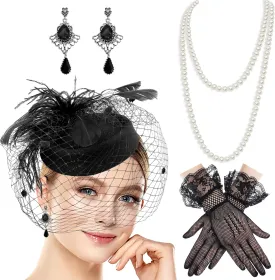 Black Vintage Feather Fascinators Hats Pillbox Hat Set 20s 50s Top Hat Lace Gloves Pearl Jewelry Set for Women Halloween Cocktail Tea Party Wedding