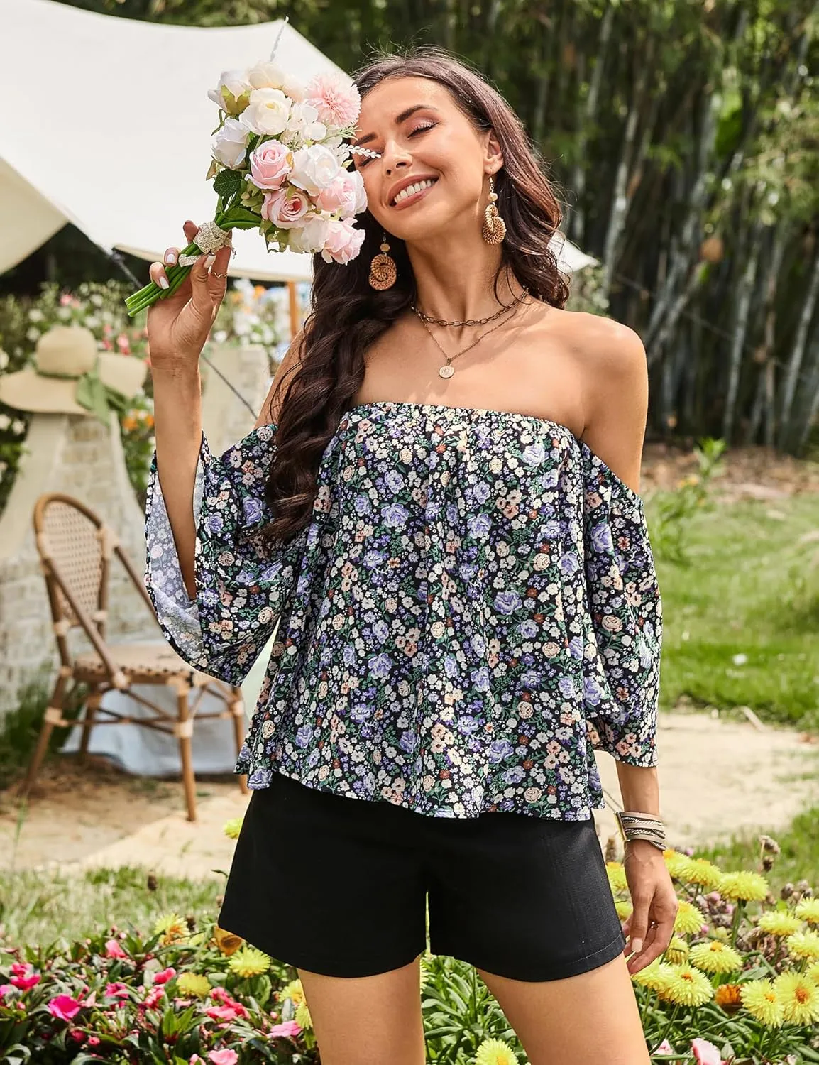 Bluetime Women Summer Off Shoulder Chiffon Blouse Ruffles Short Sleeves Tops Casual T Shirt