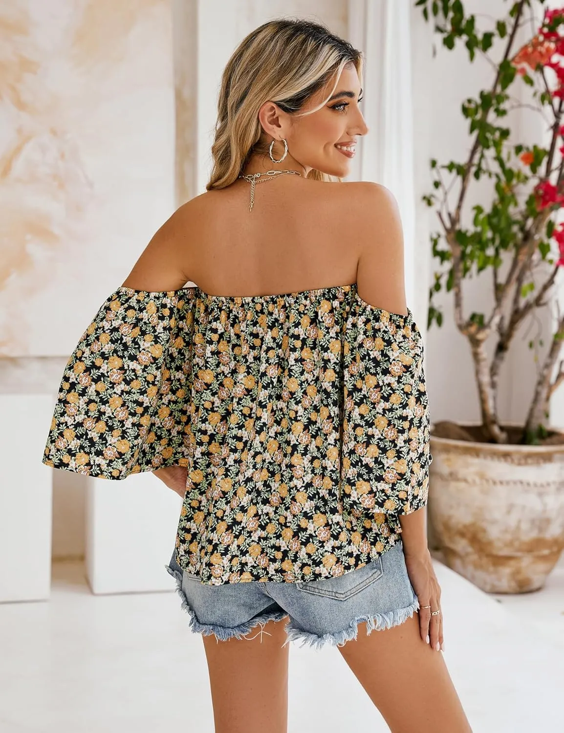 Bluetime Women Summer Off Shoulder Chiffon Blouse Ruffles Short Sleeves Tops Casual T Shirt