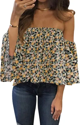Bluetime Women Summer Off Shoulder Chiffon Blouse Ruffles Short Sleeves Tops Casual T Shirt