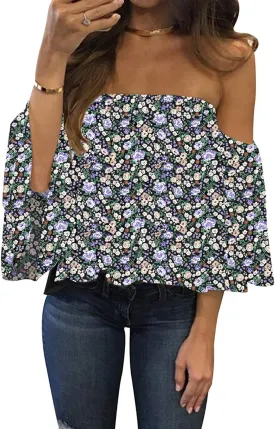 Bluetime Women Summer Off Shoulder Chiffon Blouse Ruffles Short Sleeves Tops Casual T Shirt
