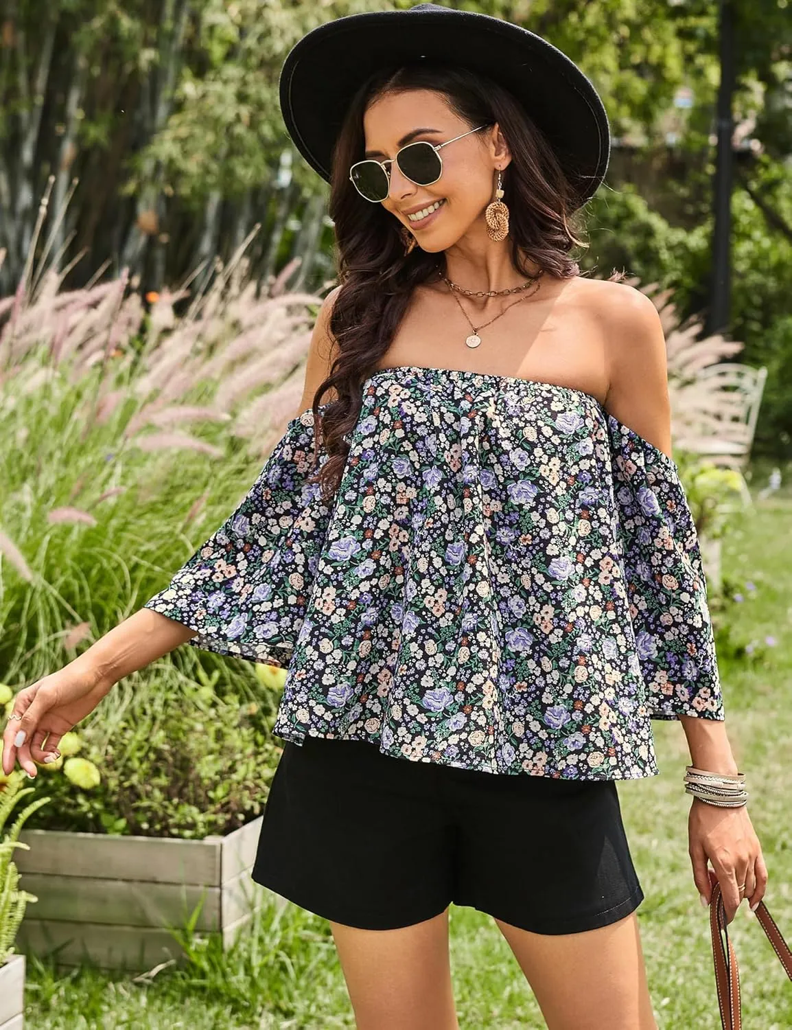 Bluetime Women Summer Off Shoulder Chiffon Blouse Ruffles Short Sleeves Tops Casual T Shirt