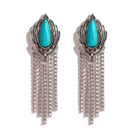 Bohemian Turquoise Earrings for Women Vintage Western Tassels Teardrop Earrings Western Ethnic Boho Jewelry (Turquoise Tassel)