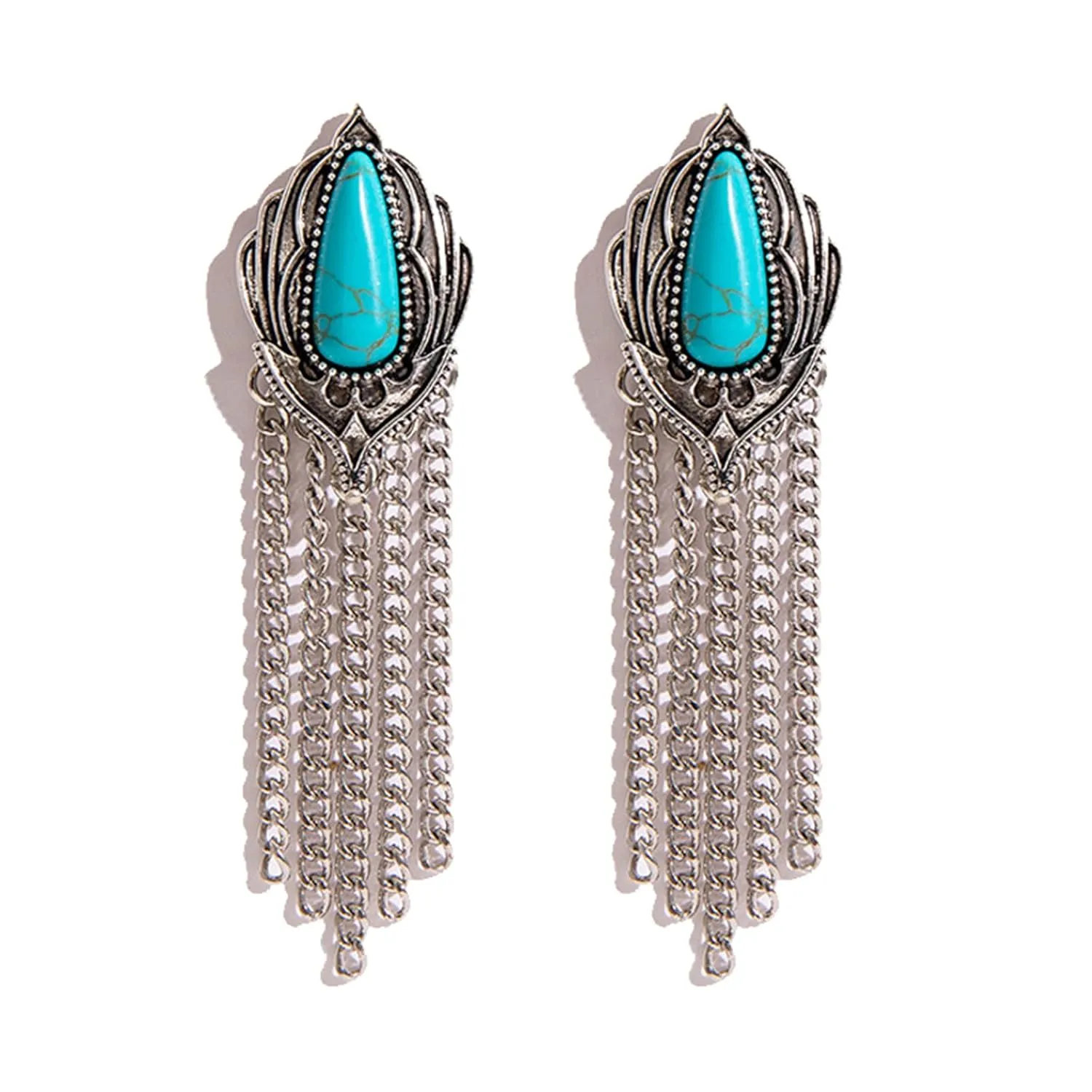 Bohemian Turquoise Earrings for Women Vintage Western Tassels Teardrop Earrings Western Ethnic Boho Jewelry (Turquoise Tassel)